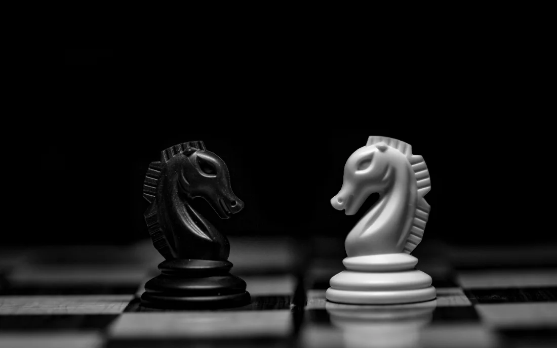 Two chess knights facing each other across a board, one black and one white.