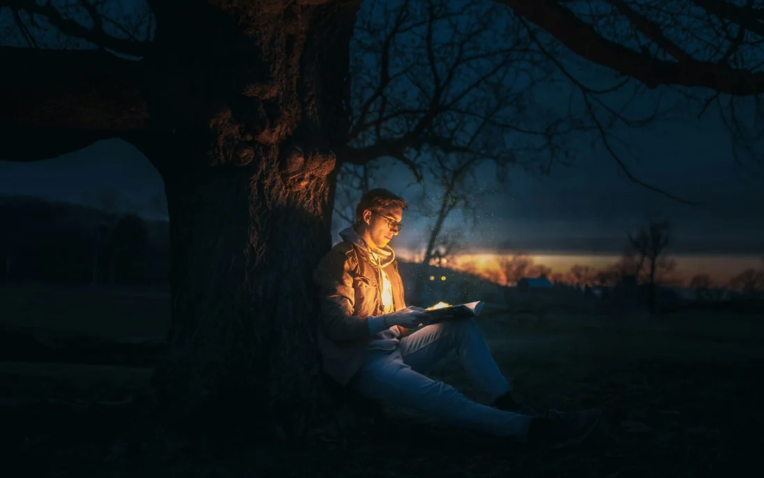 A man reading a brightly lit book under a bare tree at dusk.