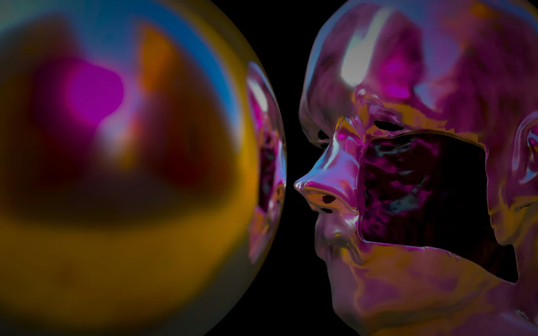 An iridescent chrome head in profile facing a mirrored sphere against black.