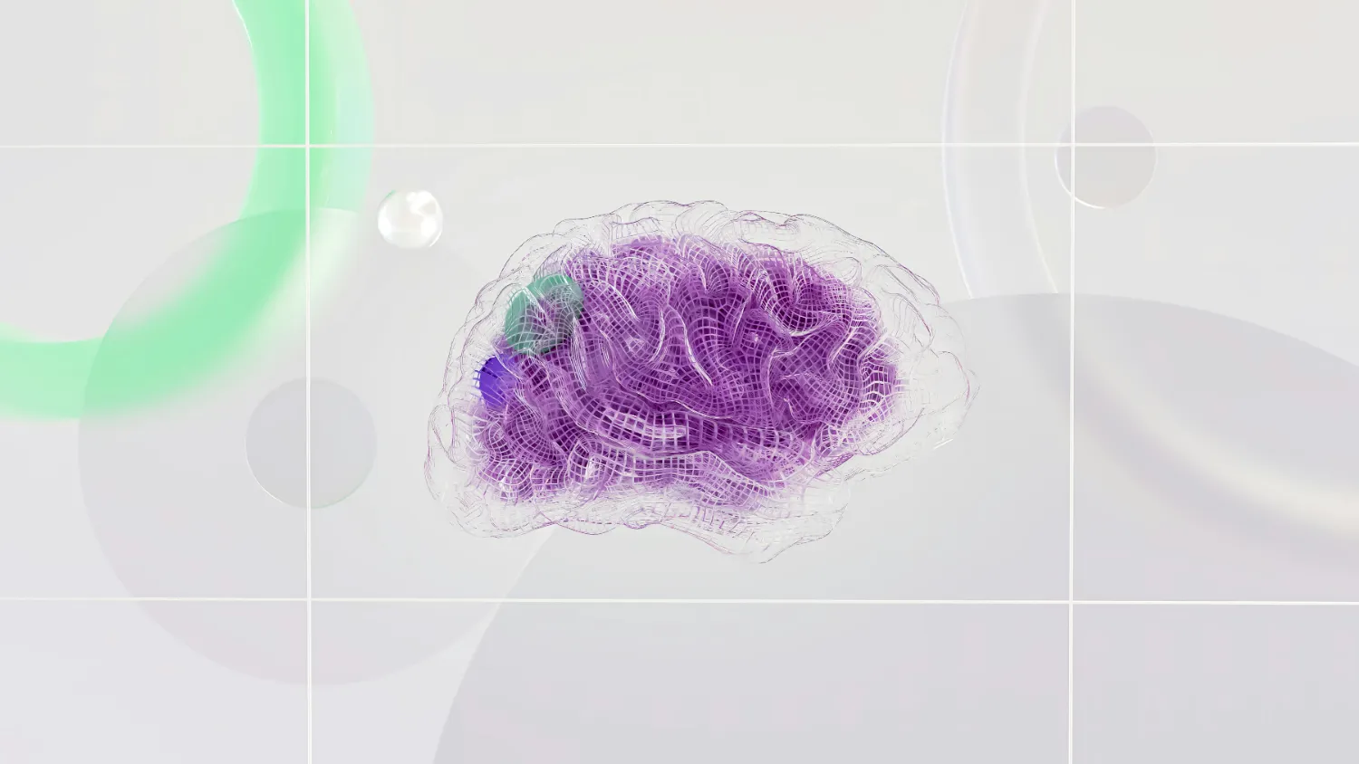 A translucent purple brain form on a pale grid.