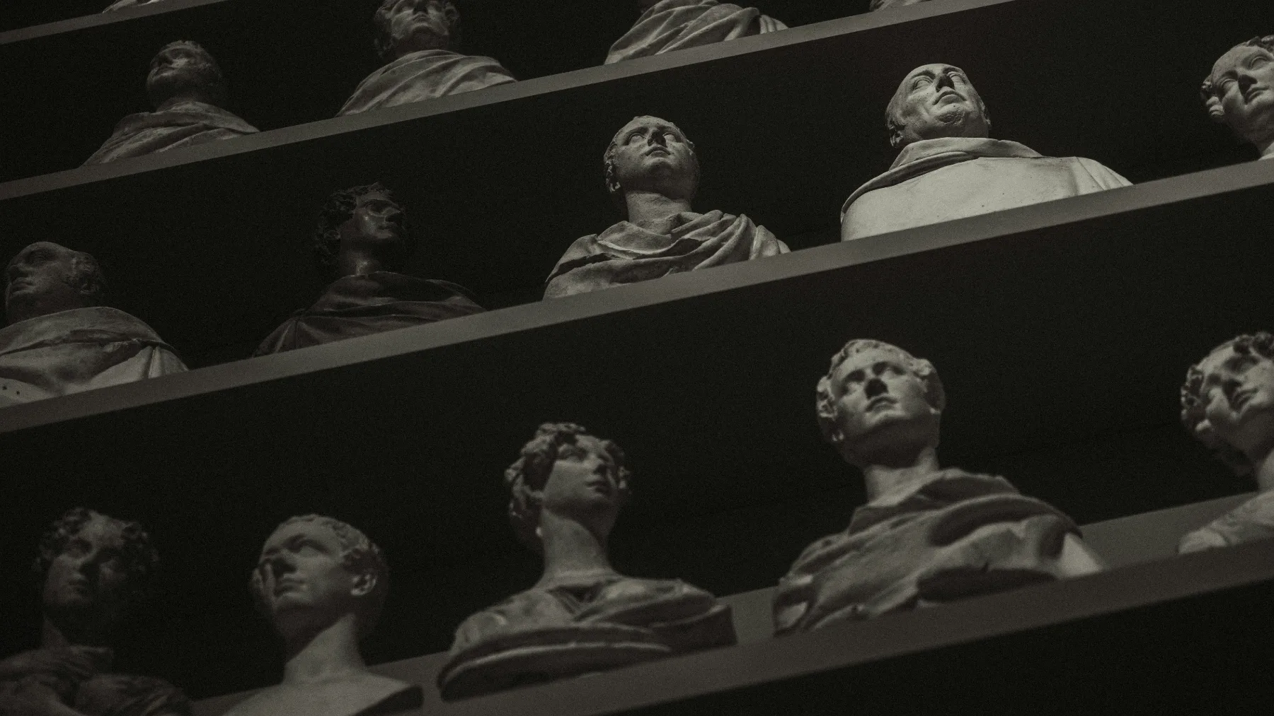 Rows of classical marble busts on shelves, lit from one side.