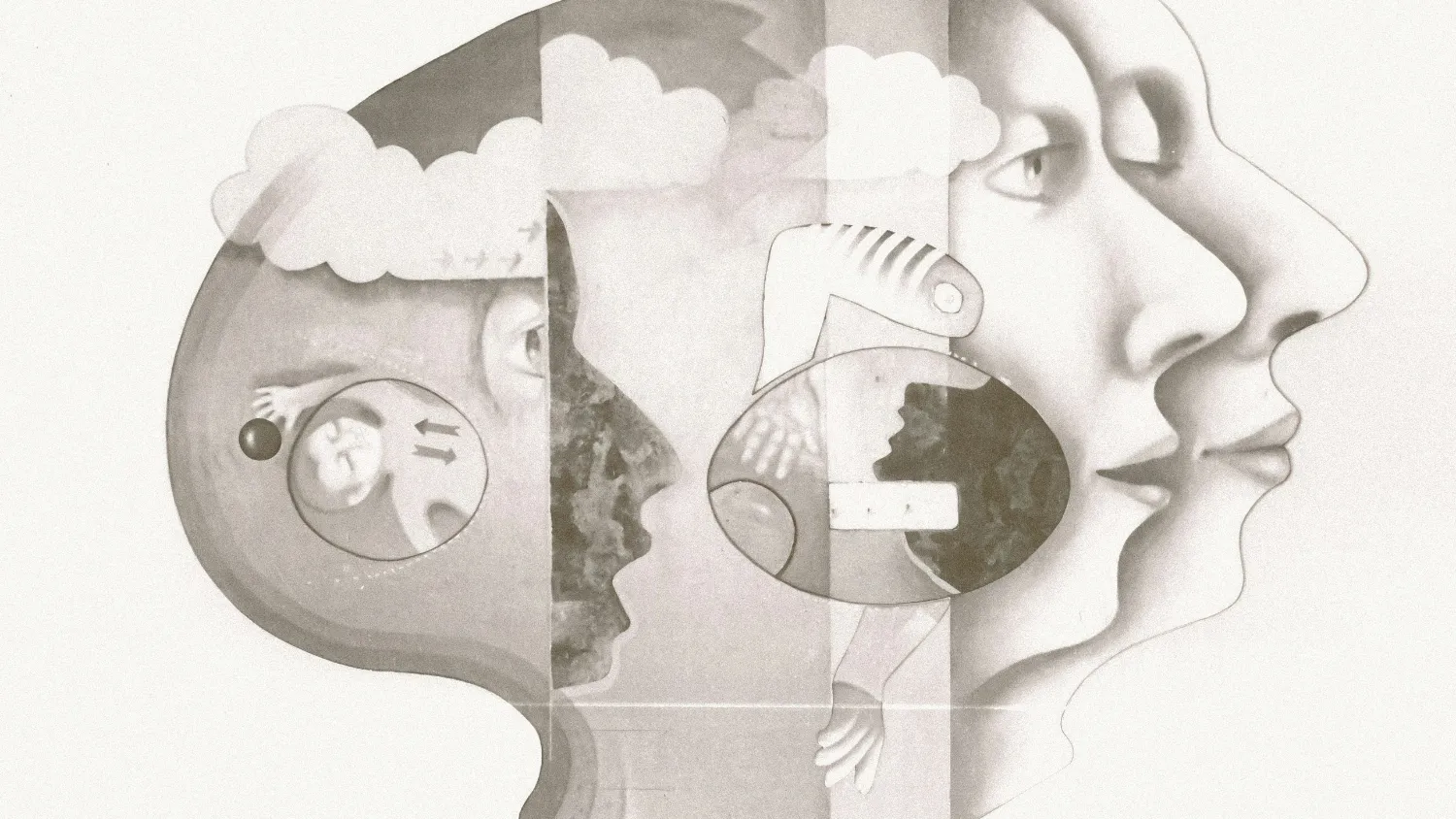 A collage of overlapping faces in profile, rendered in soft grey tones.