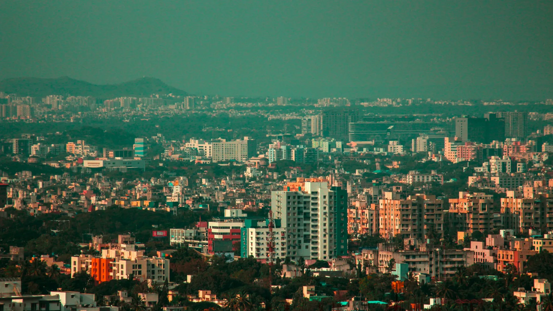 The Pune skyline, looking across the city at dusk.