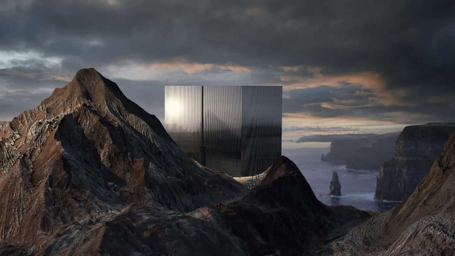 A single monolithic structure standing between cliffs at dusk, with a line of people walking towards it.